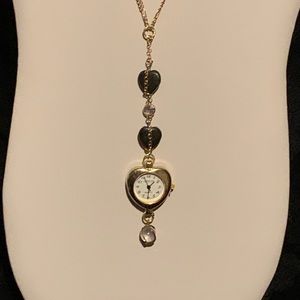 Original One of a Kind Hematite Heart and Gold Chain Clock Drop Necklace